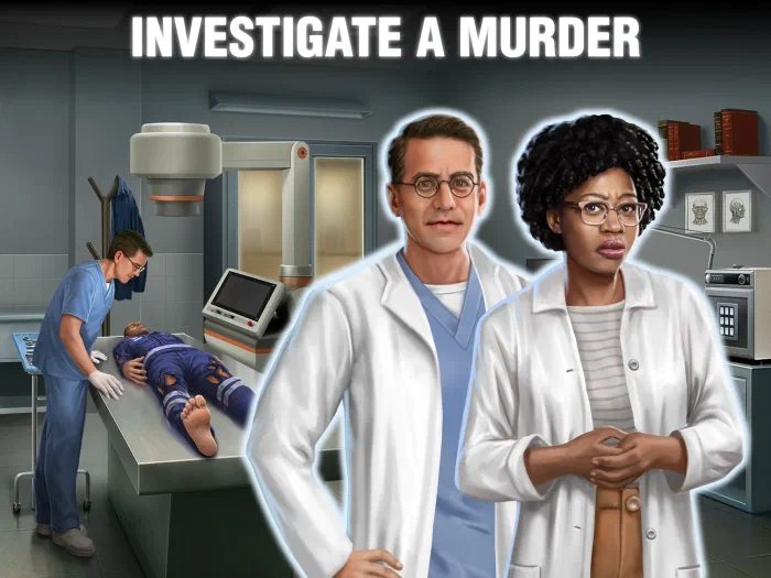 Investigate a murder — medical examiners over a body in the autopsy room